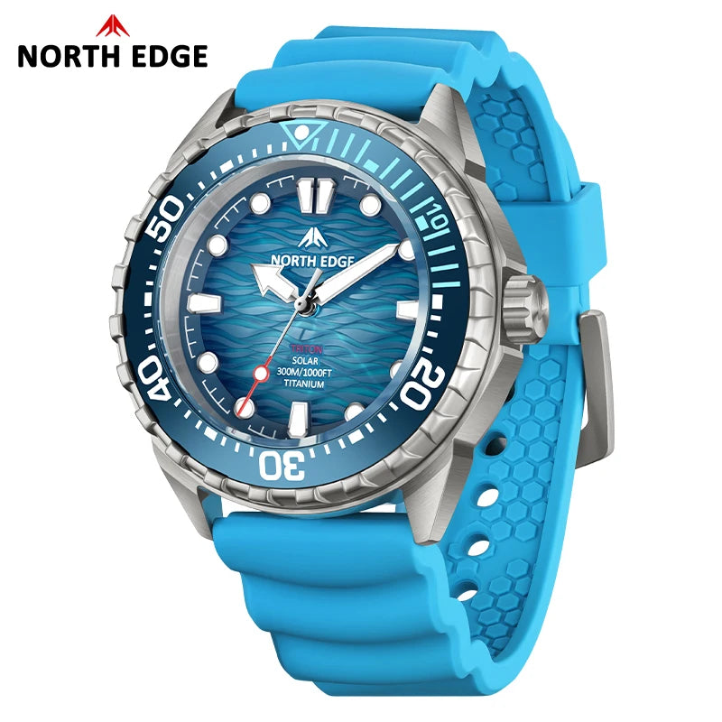 NORTH EDGE TRITON-TI Titanium Stainless Solar-Powered Diving Watch Luxury Quartz Watches For Men 300M Waterproof 180+ Day Power