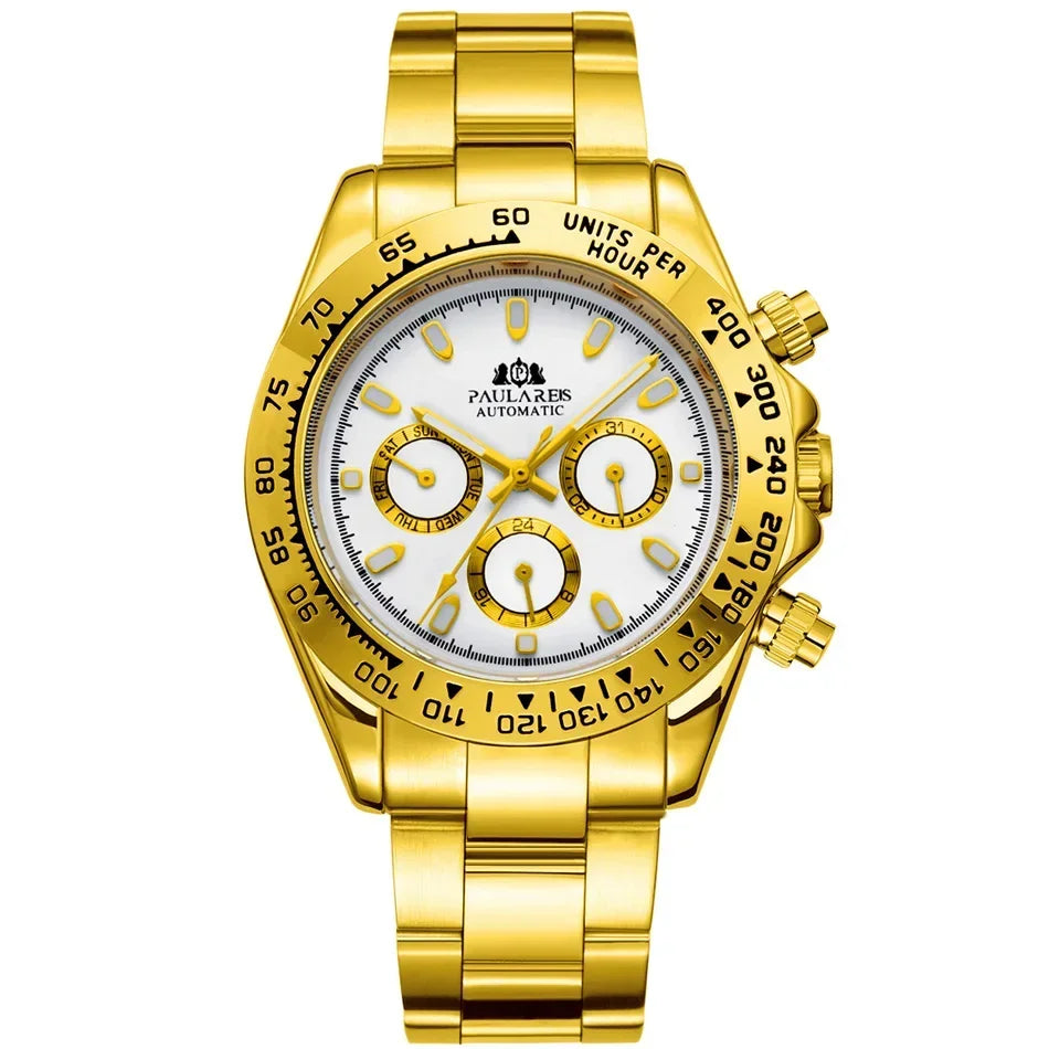 Automatic Mens Watch Self Wind Mechanical Gold Stainless Steel Glacier Ice Blue Dial Chestnut Brown Bezel Luminous Men Watches