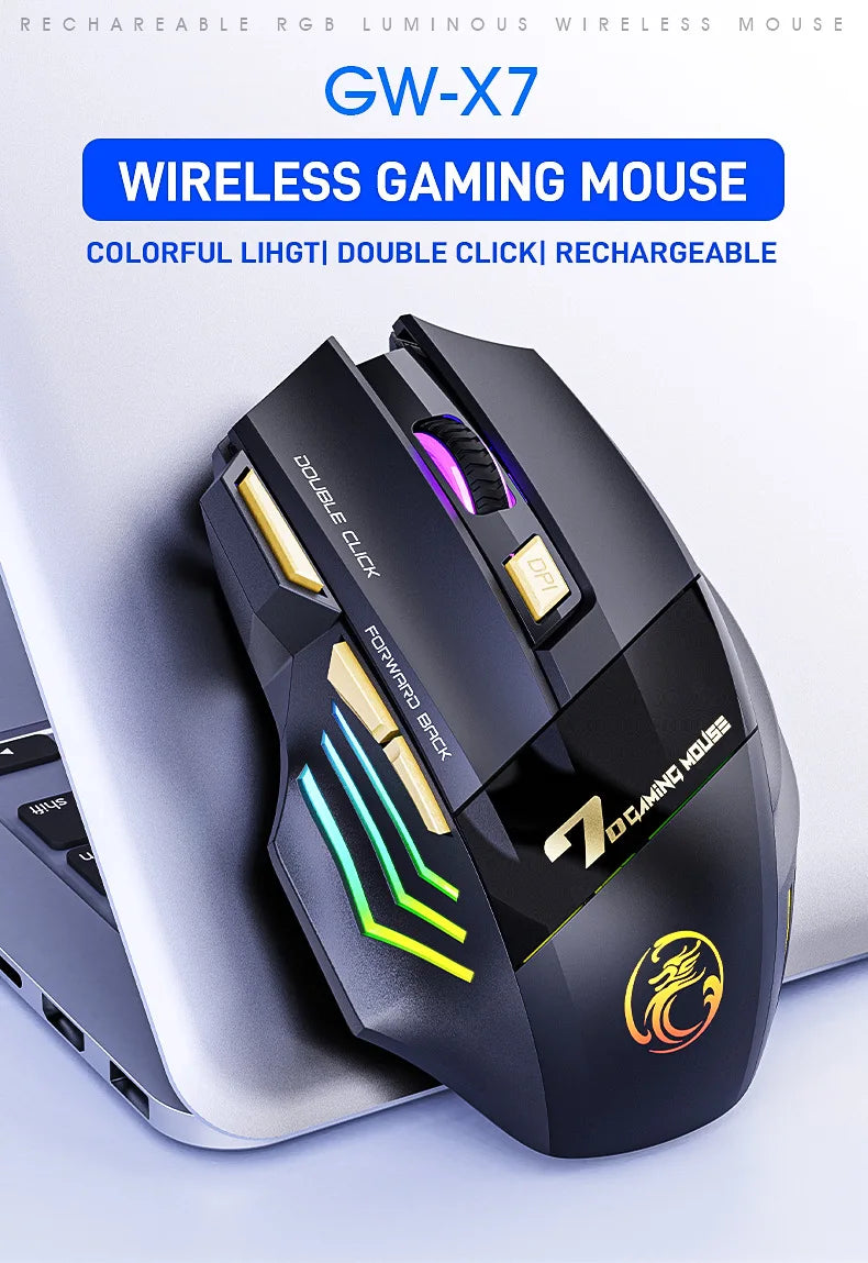 Rato Gaming Sem Fios USB IMICE GW-X7 3200DPI Modo Duplo Recarregável 7 Teclas 2.4Ghz Rato Silencioso Bluetooth LED Respirante de 7 Cores