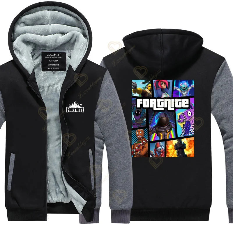 Sweat-shirts com capuz luminosos Fortnite de inverno, quentes, para homem e mulher, cosplay de jogo, em velo espesso, com fecho, casaco e sobretudo para casal