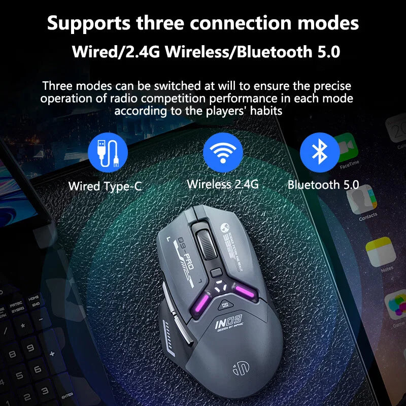 Mouse da gaming wireless Inphic IN9PRO 26000DPI 8K Polling Rate Bluetooth 5.0 cablato 2.4G tri-mode RGB ergonomico