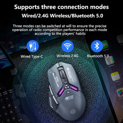 Mouse da gaming wireless Inphic IN9PRO 26000DPI 8K Polling Rate Bluetooth 5.0 cablato 2.4G tri-mode RGB ergonomico