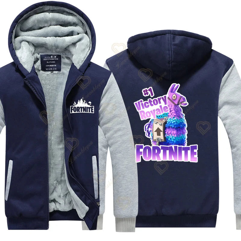 Sweat-shirts com capuz luminosos Fortnite de inverno, quentes, para homem e mulher, cosplay de jogo, em velo espesso, com fecho, casaco e sobretudo para casal