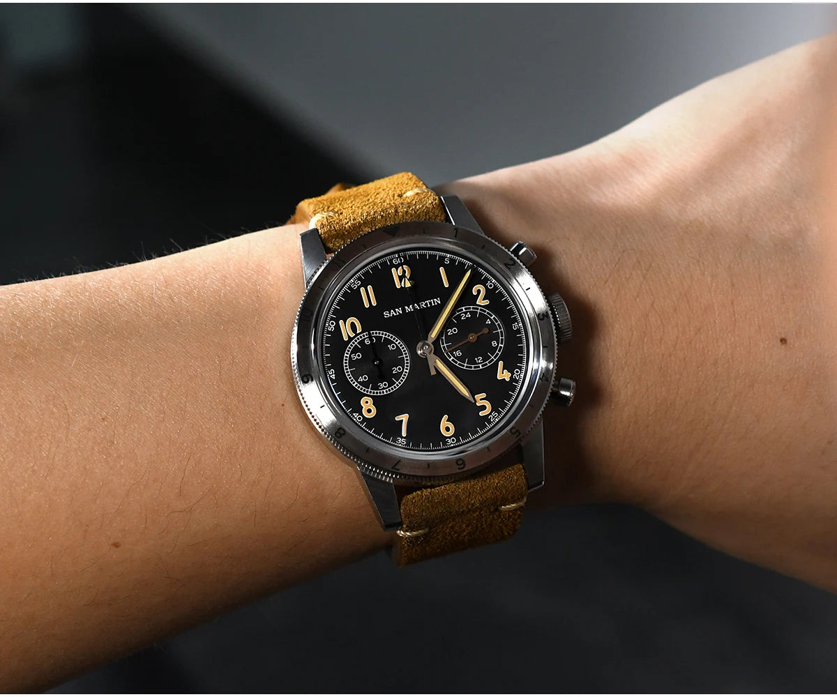 San Martin Vintage Men Quartz Watch Pilot VK64 Chronograph Watches Waterproof Luminous Quick Release Leather Strap SN0127