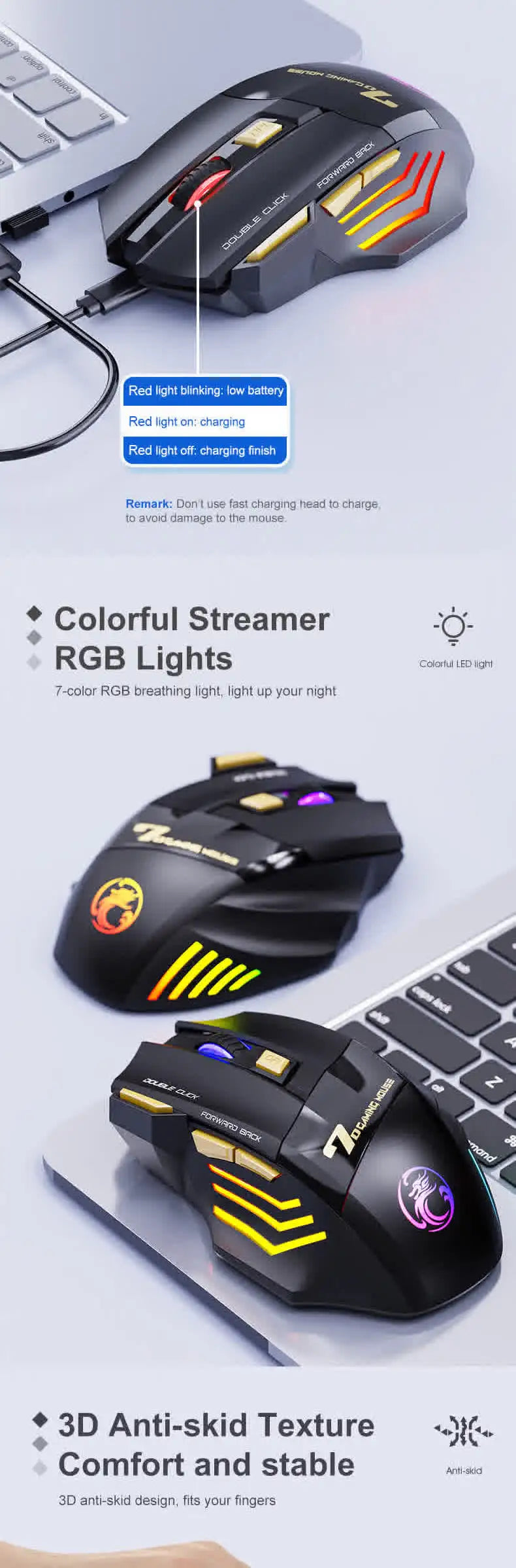 Rato Sem Fios Bluetooth Recarregável para Computador, Rato Gamer Ergonómico com Retroiluminação RGB, Silencioso, para PC