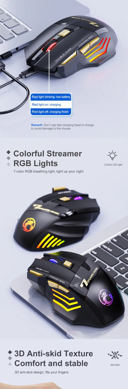 Rato Sem Fios Bluetooth Recarregável para Computador, Rato Gamer Ergonómico com Retroiluminação RGB, Silencioso, para PC