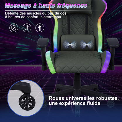 Gaming Chair with Massage Function, Adjustable Backrest, Computer Chair, with Ambient Light, Lumbar Cushion, Pillow, 150 KG