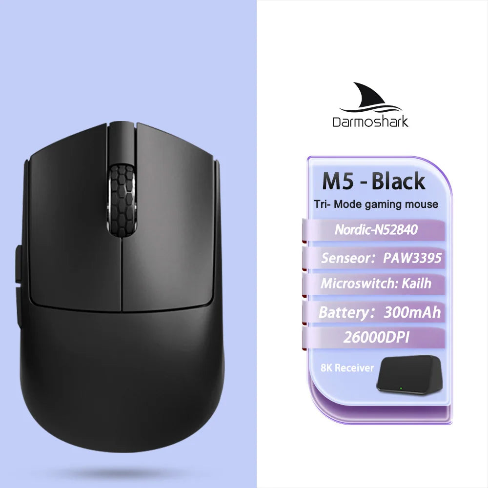 Rato Gaming Sem Fios Darmoshark M5Air em Fibra de Carbono Forjada 8K, PAW3950, 30K DPI, para Mãos Pequenas, Pegada Fingertip, Macros de Jogo, Leve