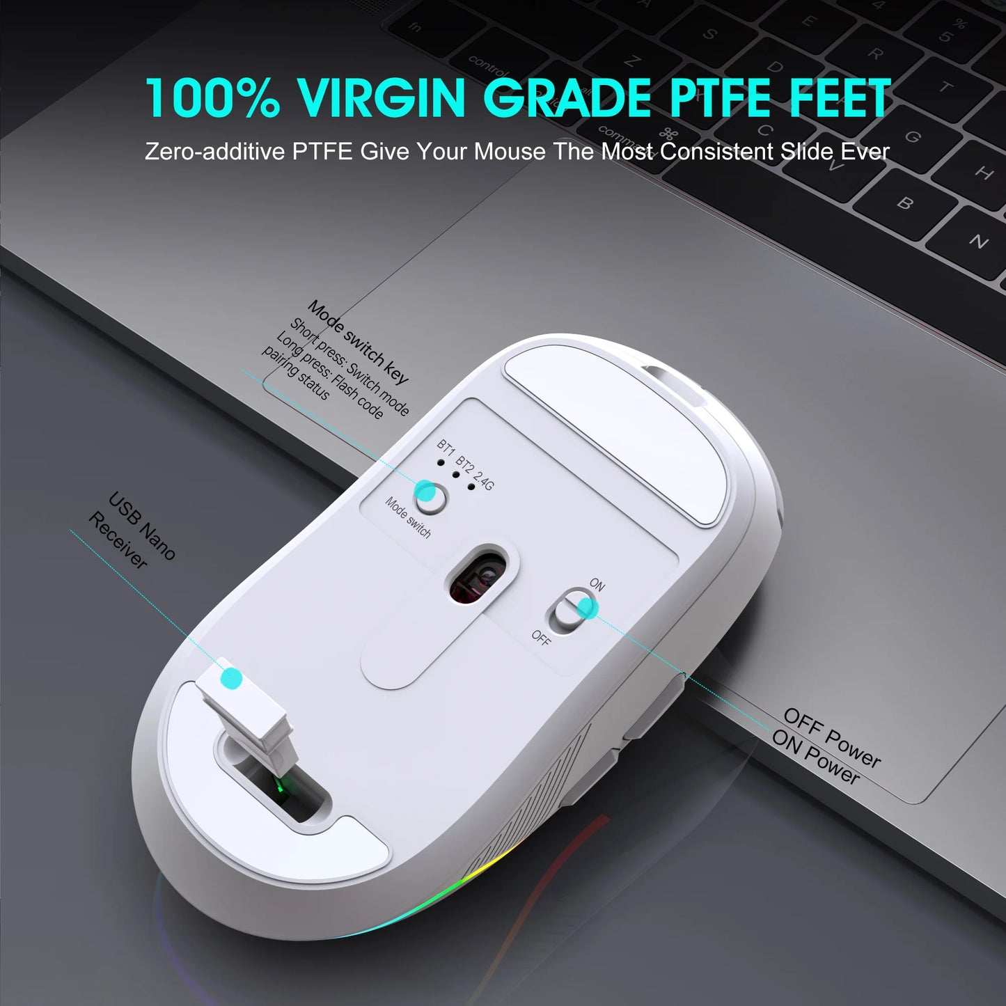 Rato Tri-Mode 2.4G sem fios/Bluetooth/com fios, DPI ajustável em 6 níveis, bateria de 500mAh, iluminação RGB, rato de gaming e eSports com macro para escritório