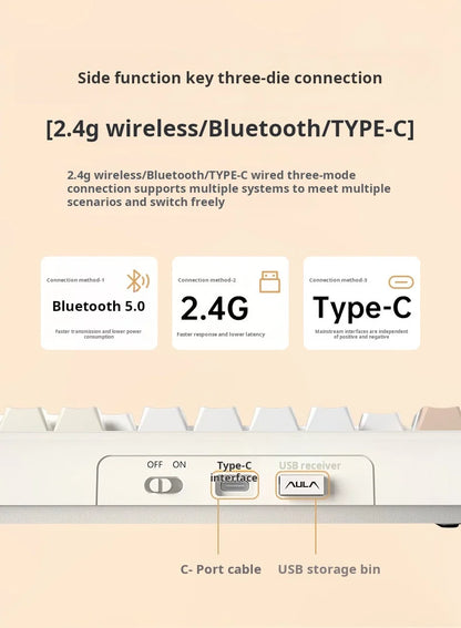 AULA F108 Pro Triple-mode Bluetooth 2.4G Wired Mechanical Keyboard Fully Customizable Hot-Swappable Keys Gasket Structure RGB