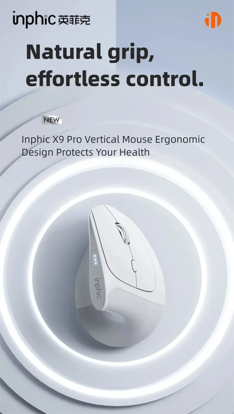 Rato sem fios vertical Inphic X9 PRO, carregamento rápido Type-C, ergonómico e silencioso, para escritório, portátil, PC, computador e gaming