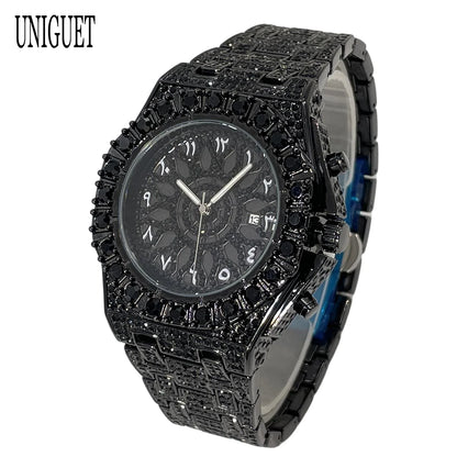 UNIGUET Hip Hop Wristwatch For Men Luxury lce Out Full Diamond Watches Fashion Green Watch Waterproof Clock Man 2026 Hot Sale