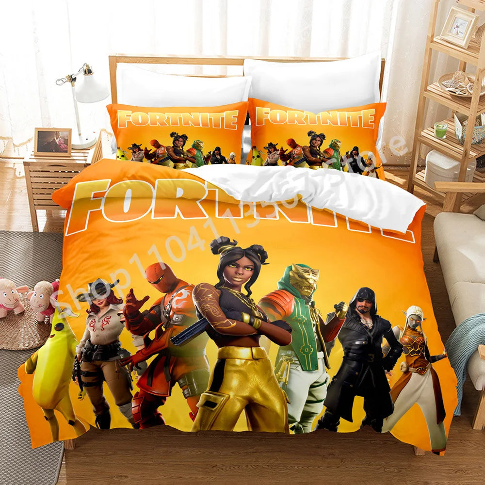 Conjunto de Cama Battle Royale F-Fortnite 3 Peças para Crianças, Capa de Edredão, Colcha e Fronha, Tamanho Duplo, Decoração de Quarto Victory Game