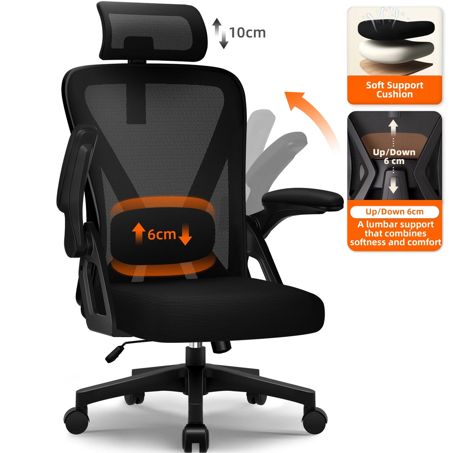 Office Chair Ergonomic Reclining 90°-135°, Desk Chair with Lumbar Support, Computer Chair Adjustable Headrest, Living Room Chairs