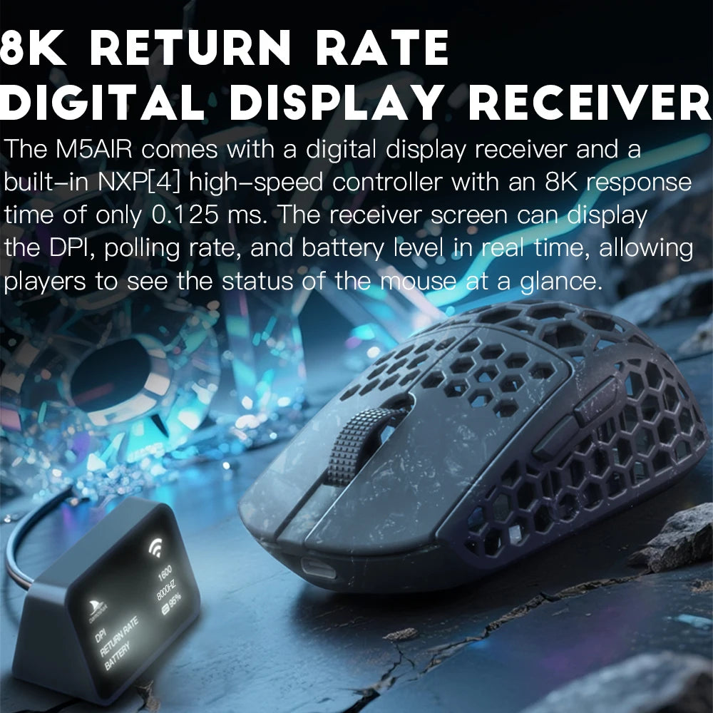 Rato Gaming Sem Fios Darmoshark M5Air em Fibra de Carbono Forjada 8K, PAW3950, 30K DPI, para Mãos Pequenas, Pegada Fingertip, Macros de Jogo, Leve