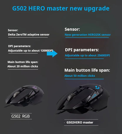 Rato Gaming com Fios Logitech G502 HERO de Alto Desempenho, Sensor HERO 25K, 25,600 DPI, RGB, Pesos Ajustáveis, 11 Botões, Rato para PC/Mac