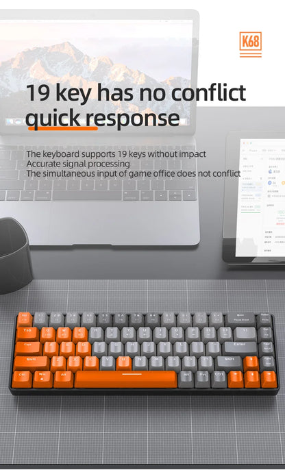 FREEWOLF K68 Mechanical Keyboard, Bluetooth Wireless, Blue and Red Switches, Hot-swap, Small Size Mini Keyboard