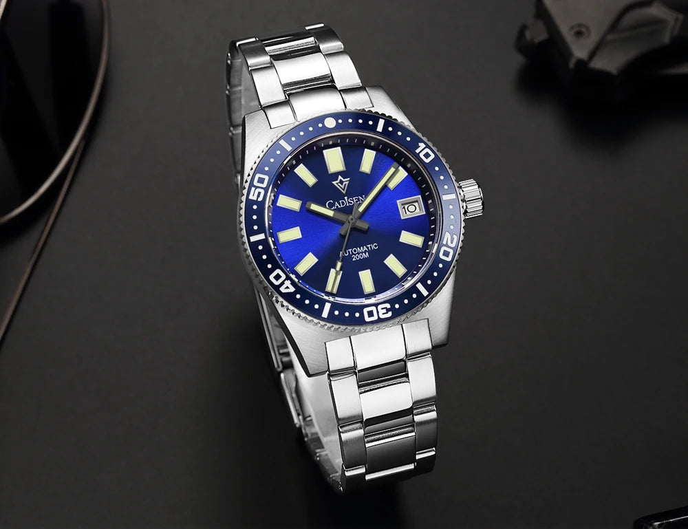 CADISEN New 38mm Diver Mens Watch Japan 8215 Automatic Mechanical Sapphire Glass Date Luminous 100M Waterproof Wrist watch Men