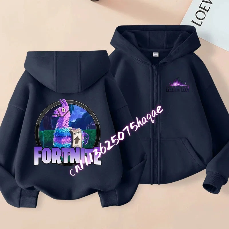 Novo hoodie infantil Fortnite com fecho de correr, estilo cartoon anime, casual e respirável, casaco para meninos, primavera 2026, roupa para criança