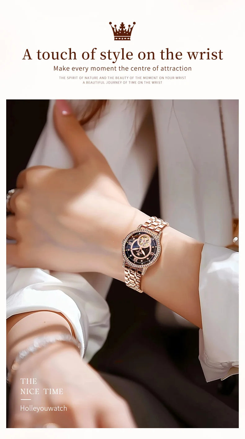 OLEVS Brand Fashion Women Mechanical Watches Starry Sky Dial Diamond Automatic Wristwatch Ladies Waterproof Luminous Clock Women