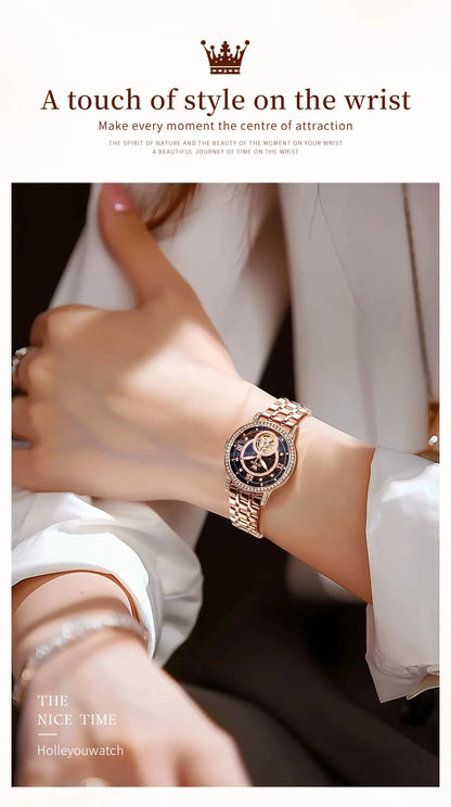 OLEVS Brand Fashion Women Mechanical Watches Starry Sky Dial Diamond Automatic Wristwatch Ladies Waterproof Luminous Clock Women