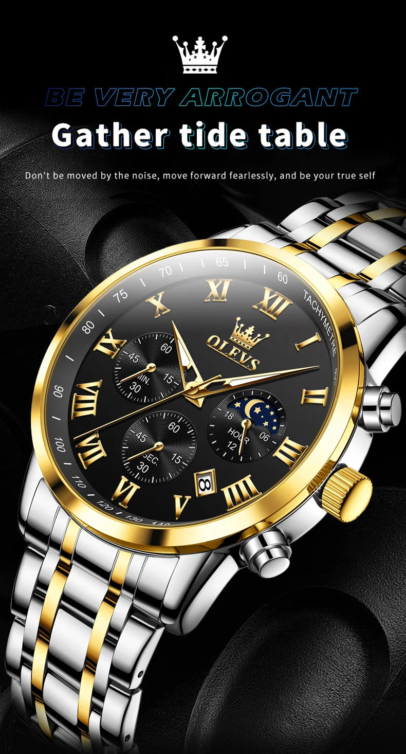Relógio de Homem OLEVS 5529 de Marca Top Luxury, Impermeável, Luminoso, em Aço Inoxidável, com Fase Lunar e Código de Temporização, Novo Relógio de Quartzo para Homem