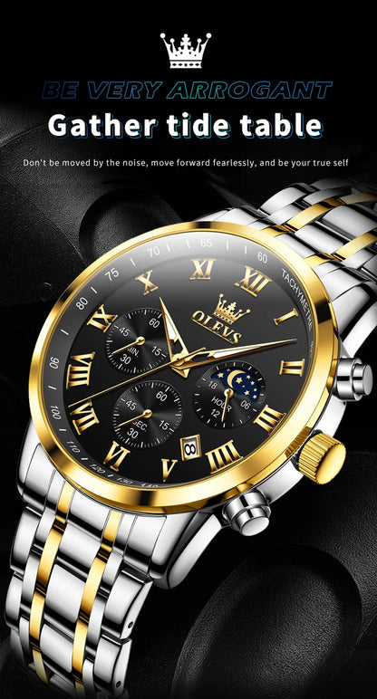 Relógio de Homem OLEVS 5529 de Marca Top Luxury, Impermeável, Luminoso, em Aço Inoxidável, com Fase Lunar e Código de Temporização, Novo Relógio de Quartzo para Homem