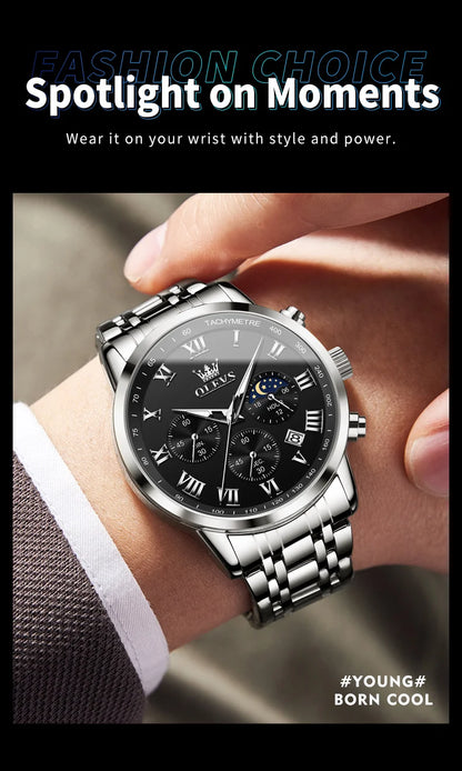 Relógio de Homem OLEVS 5529 de Marca Top Luxury, Impermeável, Luminoso, em Aço Inoxidável, com Fase Lunar e Código de Temporização, Novo Relógio de Quartzo para Homem