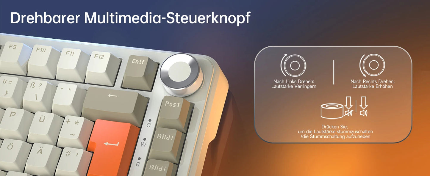 German Version Ajazz Ak820 Gaming Mechanical Keyboard, German Keyboard, ISO-DE Layout Qwertz Hot-Swappable Volume Knob, Holiday Gift