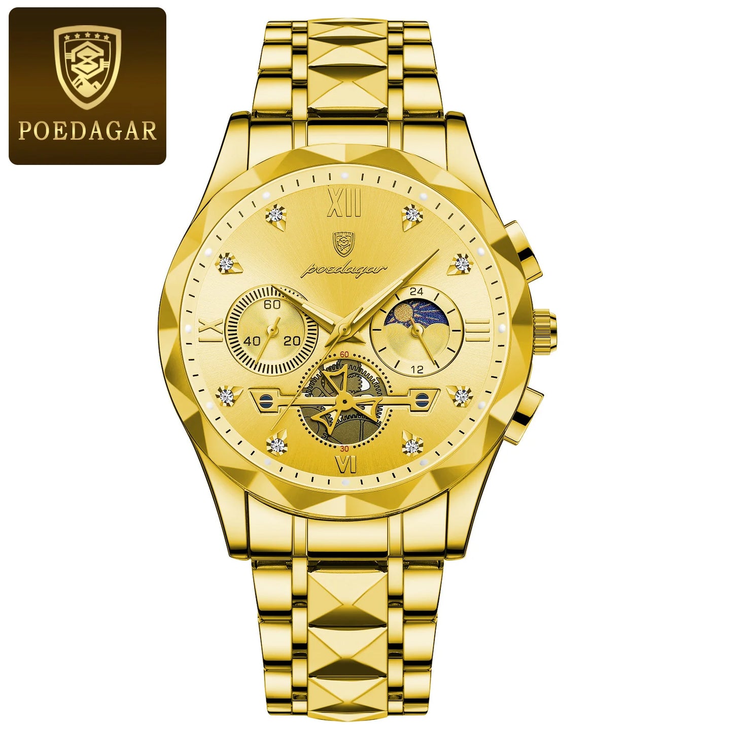 POEDAGAR Top High Quality Man Wristwatch Stainless Steel Chronograph Business Men Watch Waterproof Luminous Quartz Men's Watches