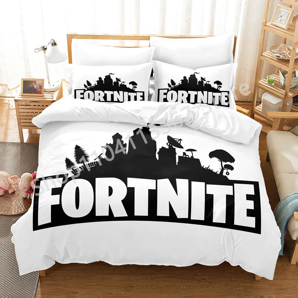 Conjunto de Cama Battle Royale F-Fortnite 3 Peças para Crianças, Capa de Edredão, Colcha e Fronha, Tamanho Duplo, Decoração de Quarto Victory Game