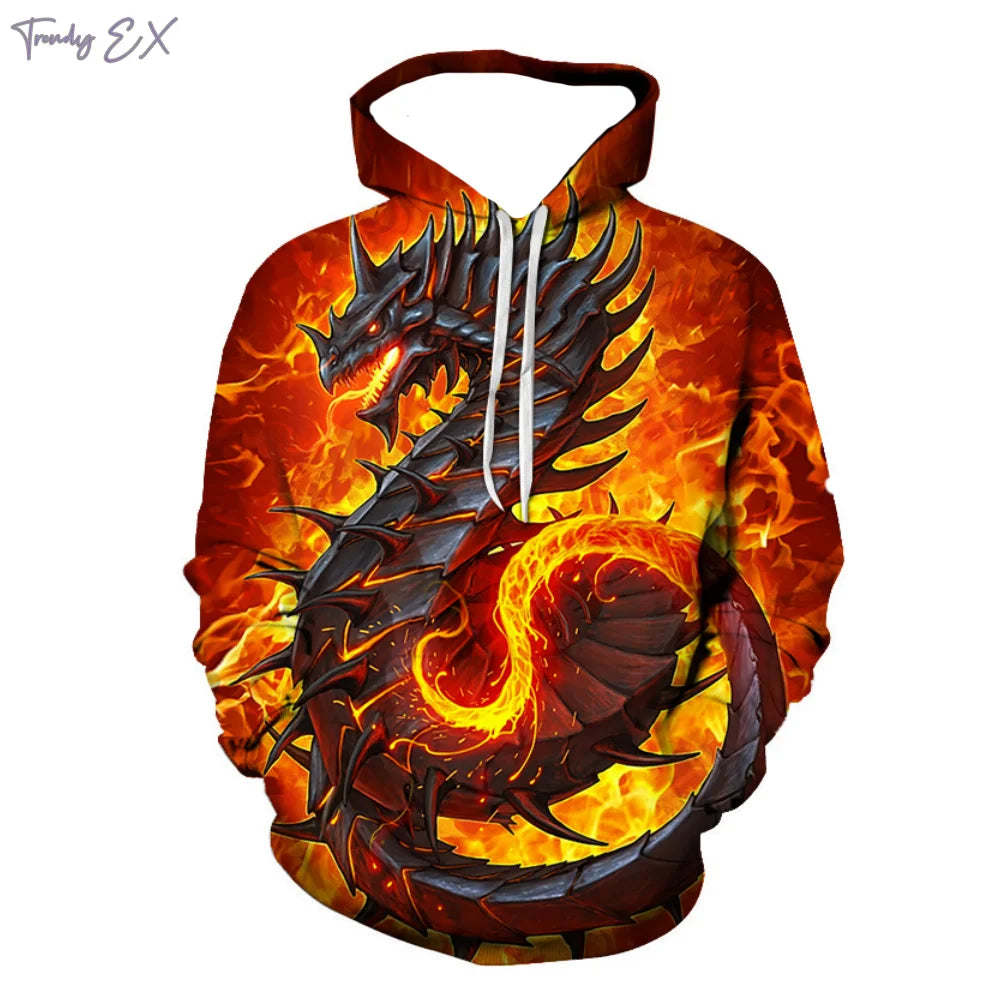 New Sweatshirt 3D Purple Flame Dragon Graphic with Drawstring Pullover Hoodies Harajuku Kangaroo Pocket Long Sleeve Men Clothes