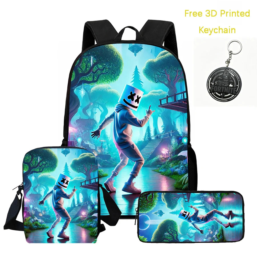 Conjunto de mochila infantil 3 peças, mala a tiracolo e estojo, mala FORTNITE com desenhos, leve para meninos e meninas dos 5 aos 10 anos, porta-chaves 3D impresso grátis