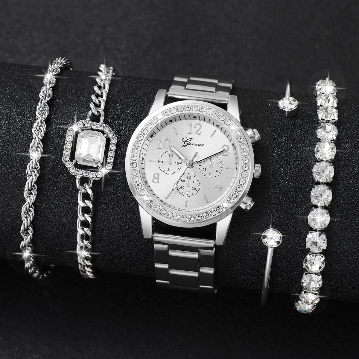 5PCS Luxury Diamond Women Watches Bracelet Set Ladies Arabic Dial Quartz Wristwatches Reloj Mujer (Without Box)