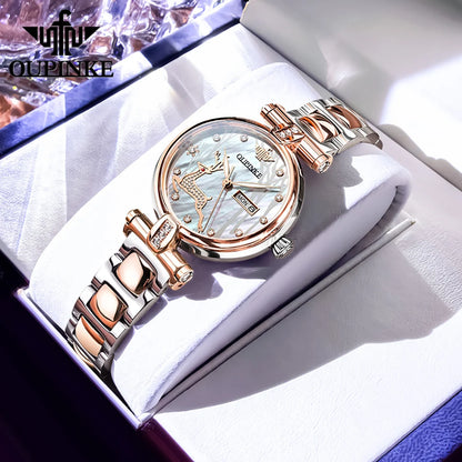 OUPINKE 3180 Watches For Woman Luxury Elegant Automatic Mechanical Watch Deer Dial Stainless Steel Week Date Watch Gift Box