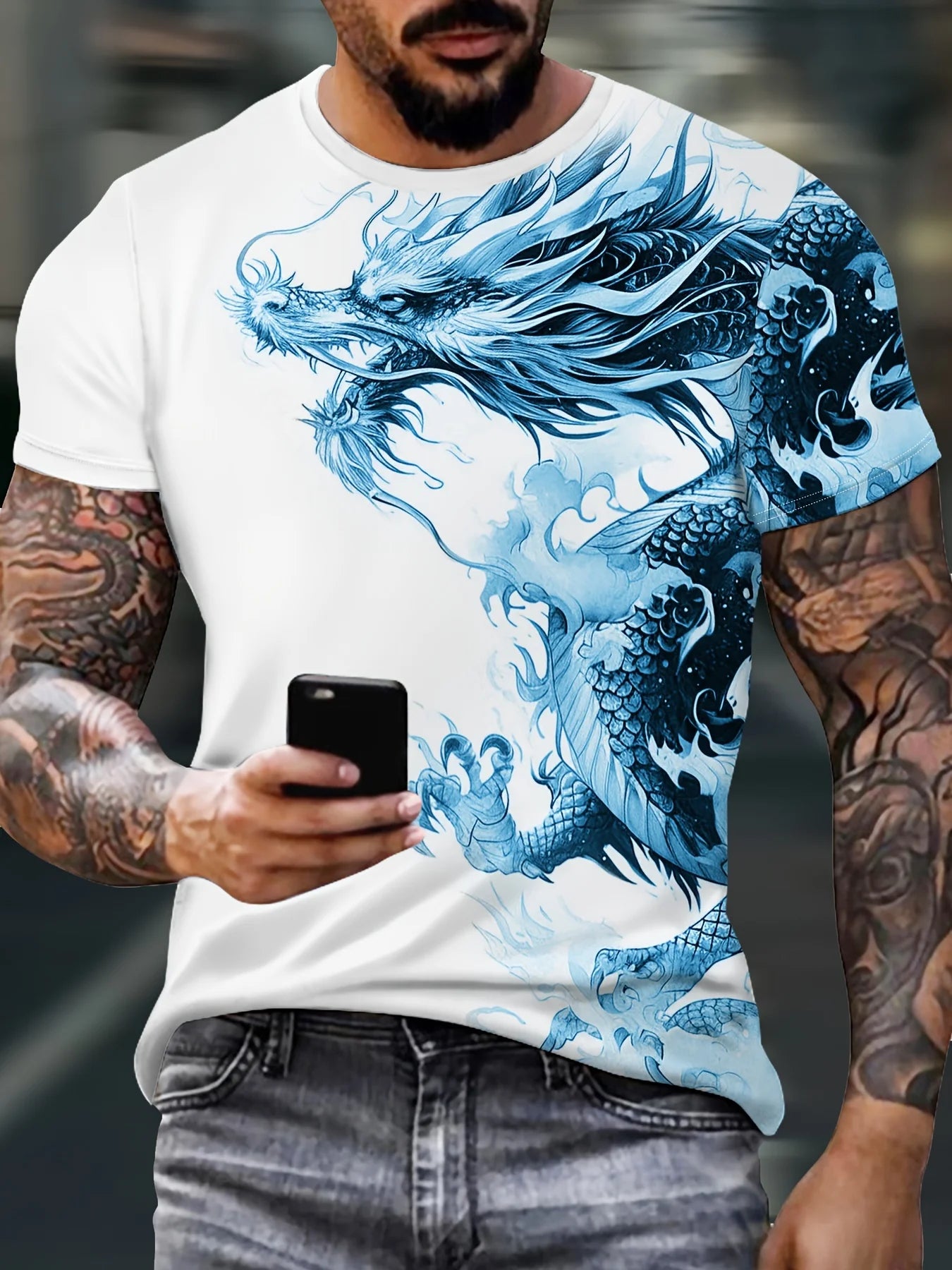 T-shirt til mænd med drageprint, afslappet åndbart stof, grafisk tee i street style, udendørs mode, kortærmet skjorte, herre-T-shirts
