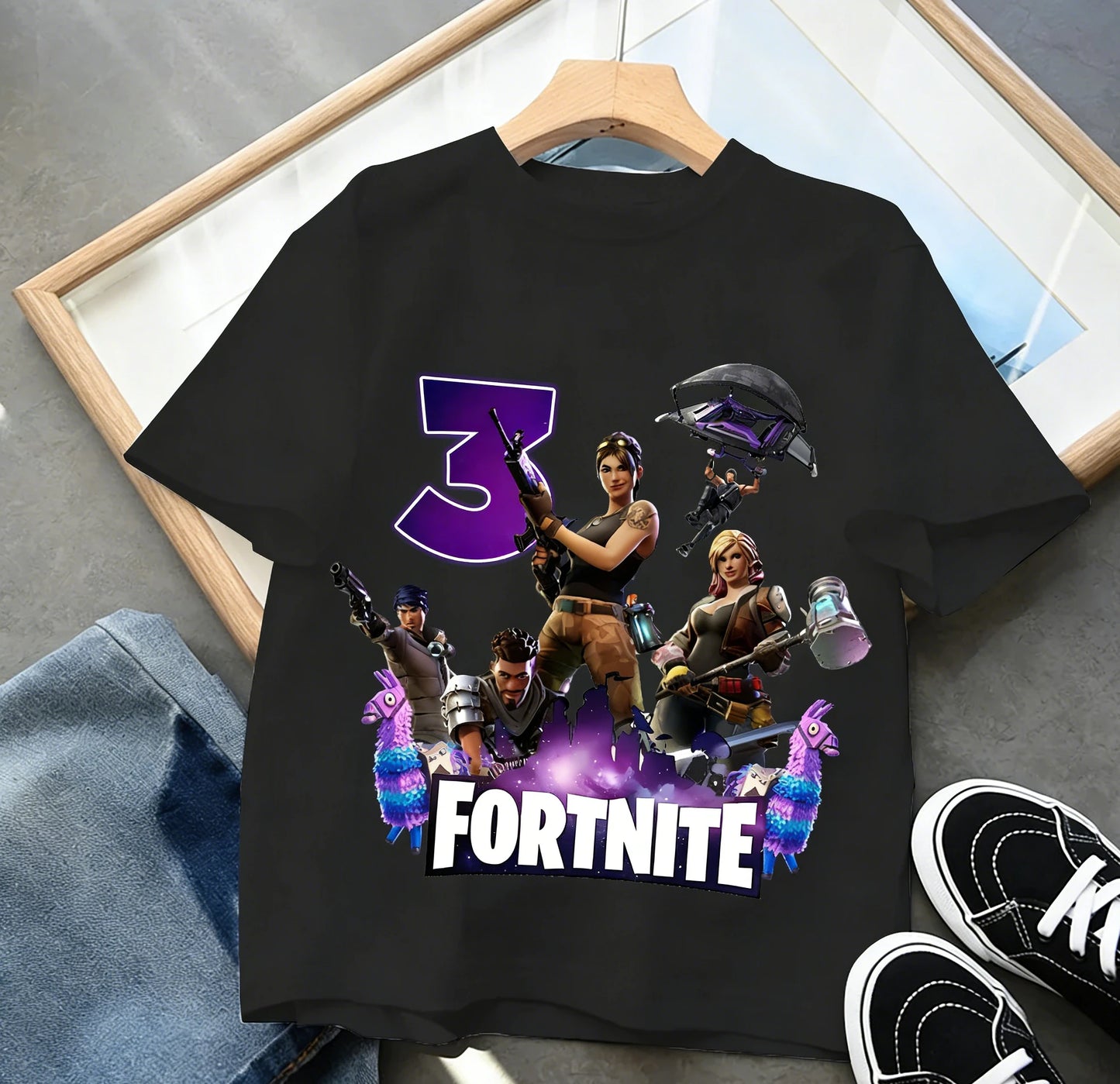 T-shirt de aniversário infantil Fortnites com número para menina e menino, roupa de verão em algodão para bebé, top de manga curta para festa, presente para criança pequena