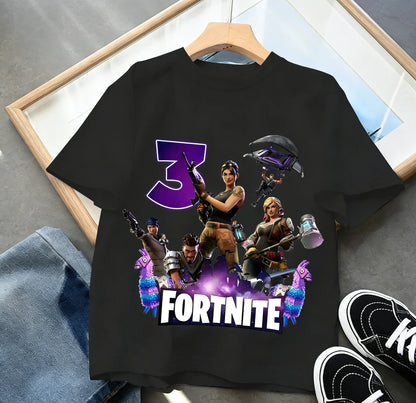 T-shirt de aniversário infantil Fortnites com número para menina e menino, roupa de verão em algodão para bebé, top de manga curta para festa, presente para criança pequena