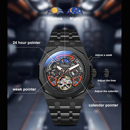 Top Brand Sport Watches with Tourbillon Stainless Steel Rubber Strap Multifunction Dial Automatic Watches Reloj Hombre New