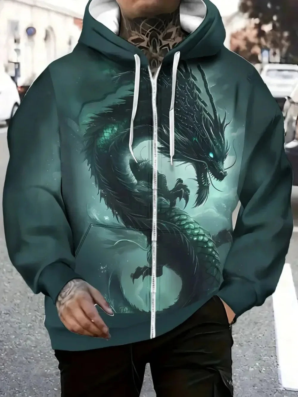 Mens Dragon Print Zipper Hoodie Outdoor Activities Travel Drawstring Long Sleeve Hoodies Autumn Winter Oversize Man Sweatshirts