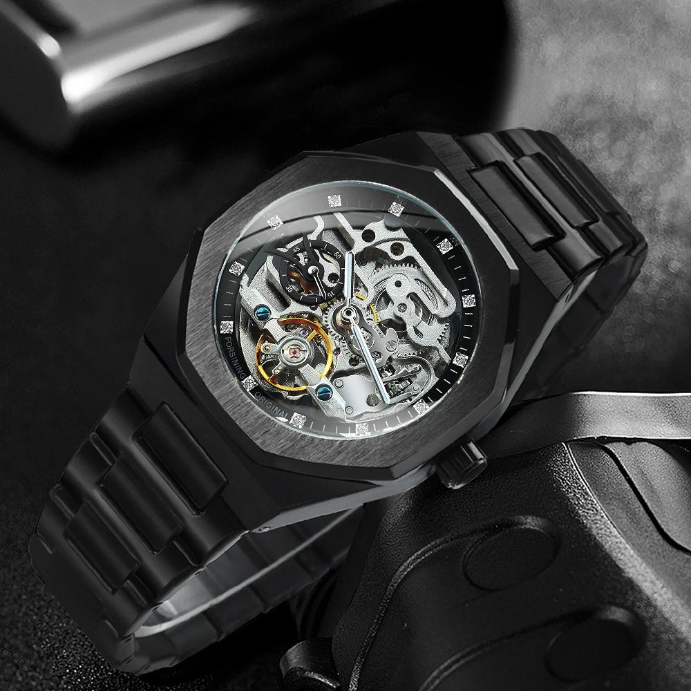 Forsining Tourbillon Skeleton Mechanical Watch for Men Luminous Hands Stainless Steel Strap Fashion Business Automatic Watches
