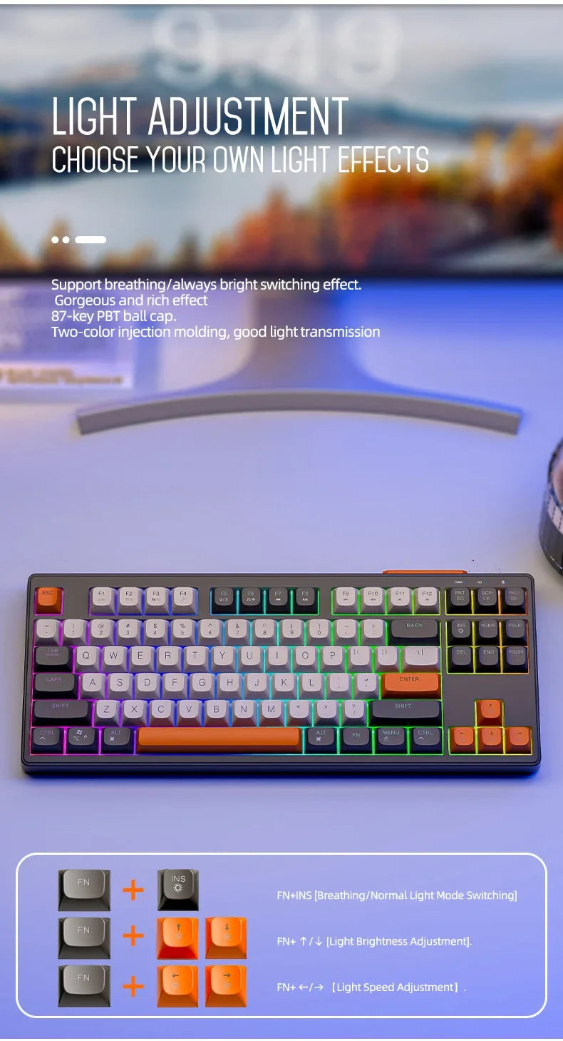 Teclado M87 Sem Fios Bluetooth de Modo Duplo, Sensação Mecânica para Gaming e Escritório, Silencioso, Teclas PBT Ball Cap, Luz Arco-Íris