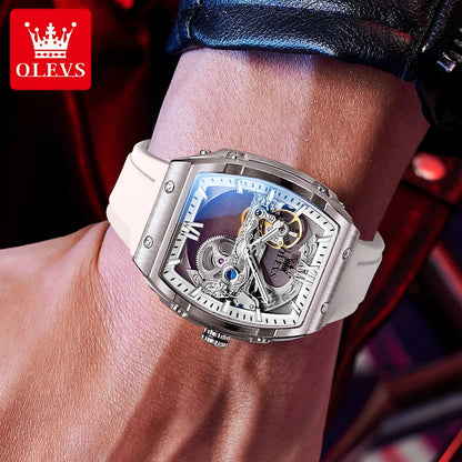  OLEVS Automatic Men Watch White Rubber Strap Mechanical Tourbillon Watches Men Luminous Watches Waterproof