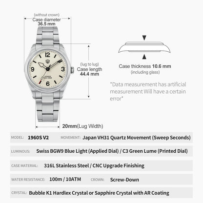 Watchdives WD1960S V2 Watch VH31 Sweep Second Movement Stainless Steel Sapphire Crystal Business Wristwatch Vintage Watches