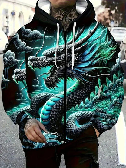 Mens Dragon Print Zipper Hoodie Outdoor Activities Travel Drawstring Long Sleeve Hoodies Autumn Winter Oversize Man Sweatshirts