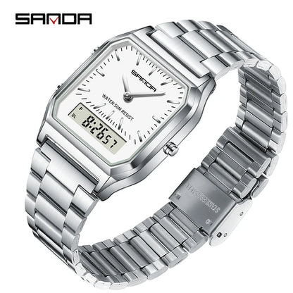 SANDA 747 Men’s & Women’s Luxury Digital Sports Watch  Stainless Steel, LED Dual Display & Waterproof
