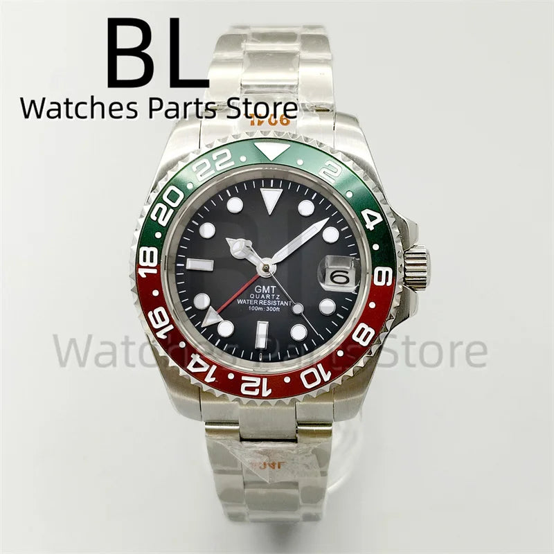 BLIGER 40mm 515 24H GMT Men's Watch Stainless Steel Clasp Luminous Quartz Movement Ceramic Bezel 10Bar Waterproof Sapphire Glass