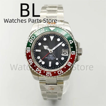 BLIGER 40mm 515 24H GMT Men's Watch Stainless Steel Clasp Luminous Quartz Movement Ceramic Bezel 10Bar Waterproof Sapphire Glass