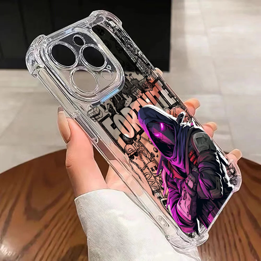 Capa de Telemóvel Fortnite para iPhone 17 16e 16 15 14 13 12 11 Mini Air Pro Max X XR XSMax 7 8 Plus, Transparente e Antiqueda