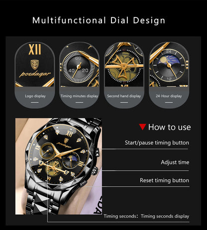 POEDAGAR Top High Quality Man Wristwatch Stainless Steel Chronograph Business Men Watch Waterproof Luminous Quartz Men's Watches